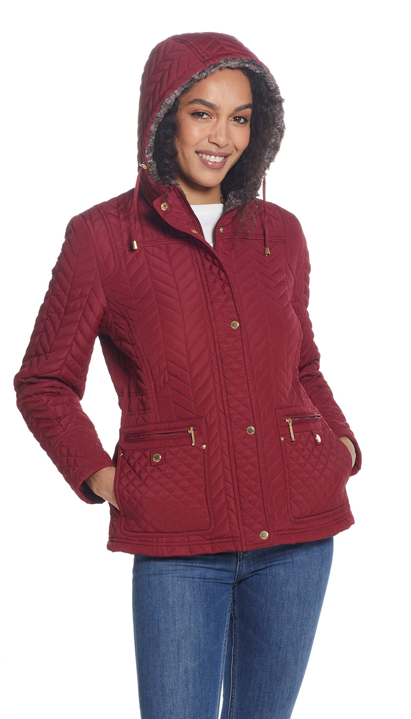 QUILTED HOODED ANORAK WITH FAUX FUR INNER TRIM