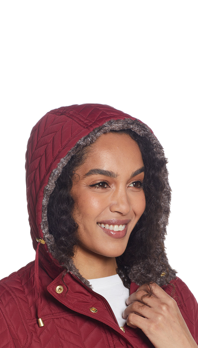 QUILTED HOODED ANORAK WITH FAUX FUR INNER TRIM