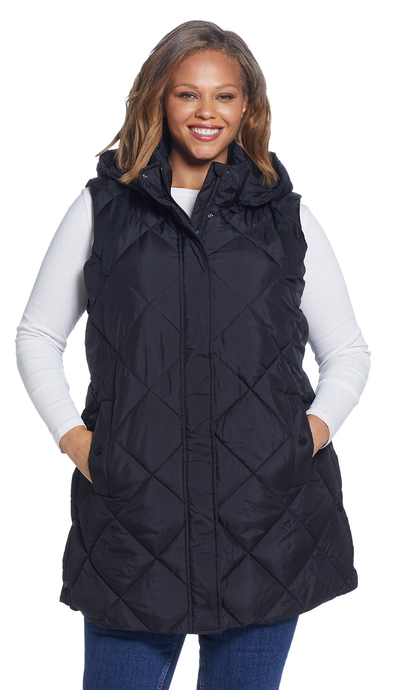 DIAMOND QUILTED LONGLINE HOODED VEST