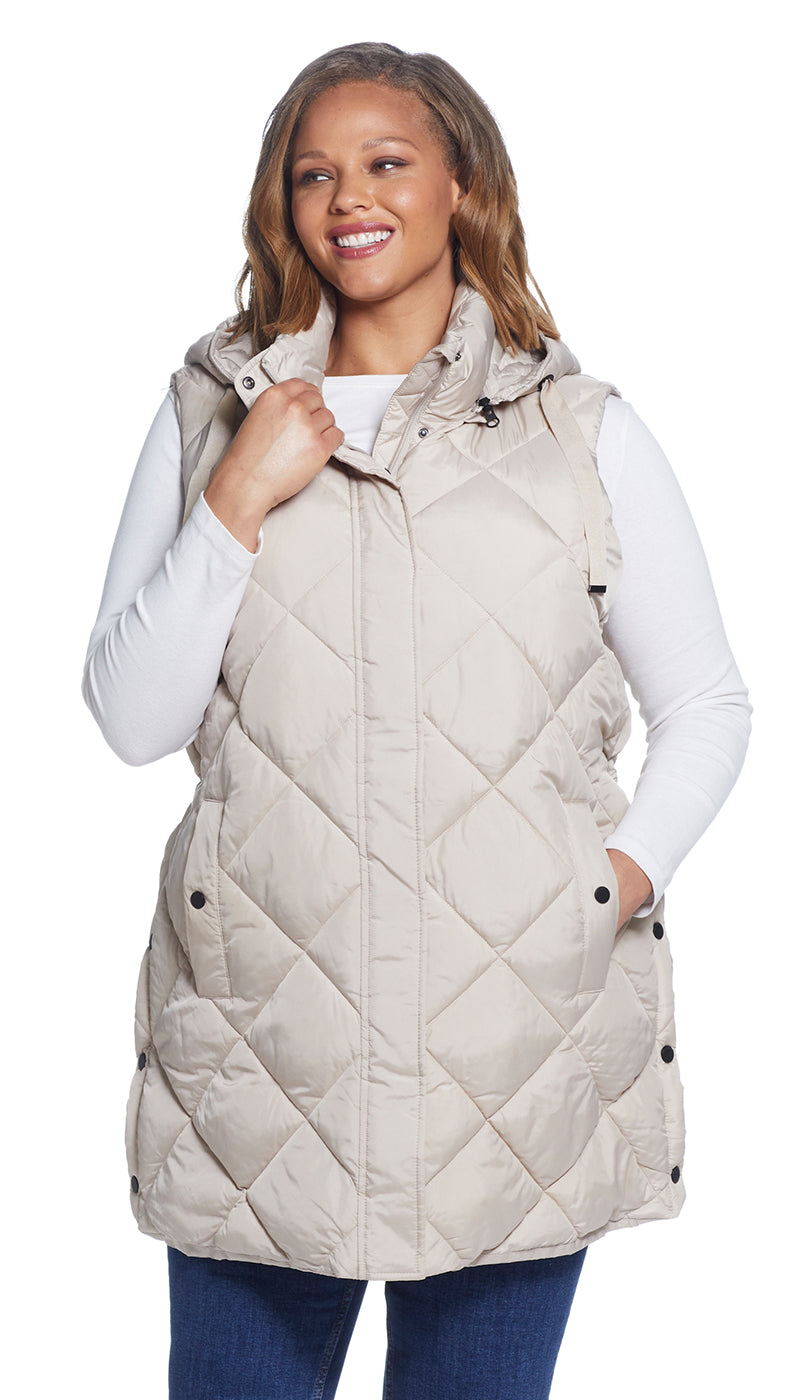 DIAMOND QUILTED LONGLINE HOODED VEST