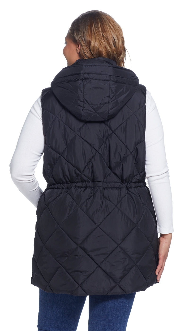 DIAMOND QUILTED LONGLINE HOODED VEST