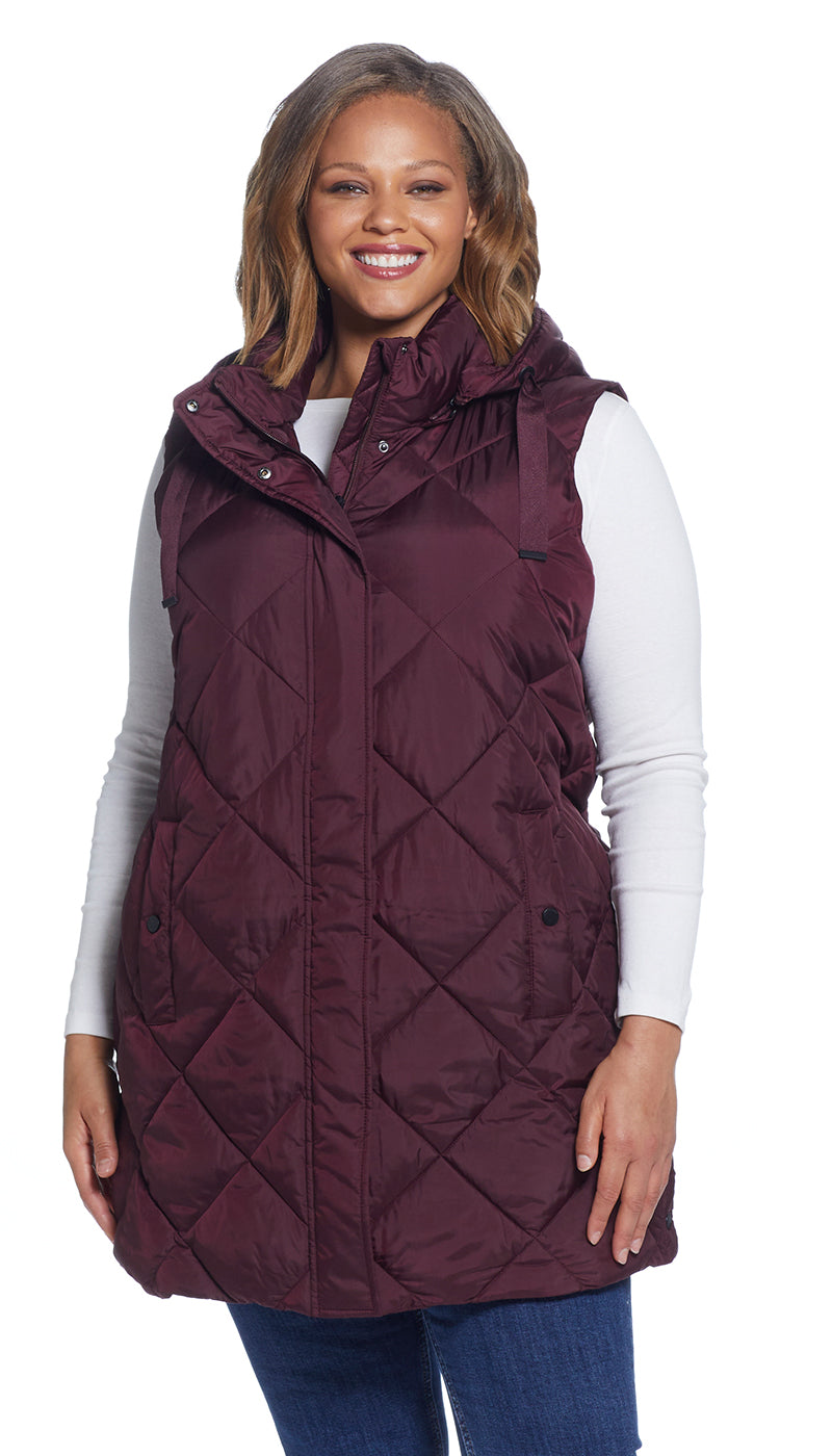 DIAMOND QUILTED LONGLINE HOODED VEST