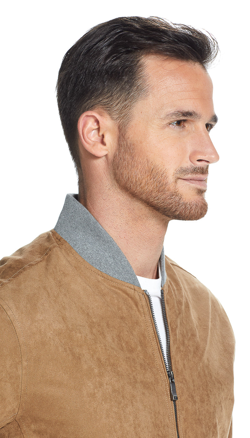 MICROSUEDE CONTRAST KNIT TRIM BOMBER
