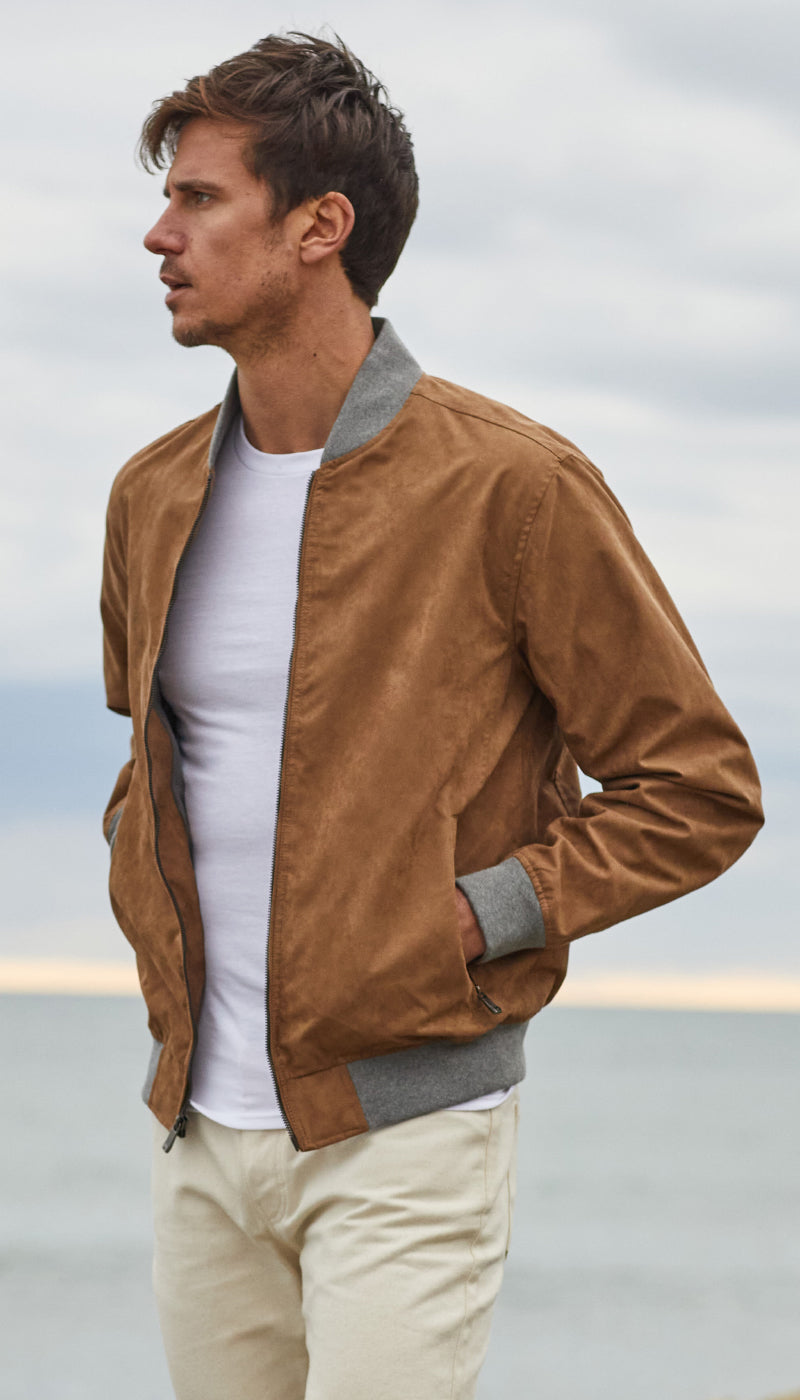 MICROSUEDE CONTRAST KNIT TRIM BOMBER
