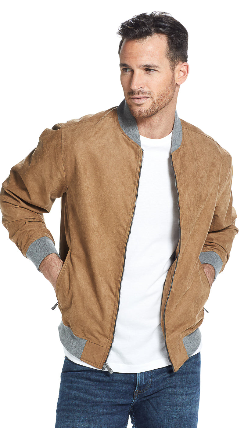 MICROSUEDE CONTRAST KNIT TRIM BOMBER
