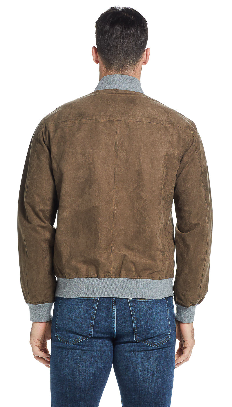 MICROSUEDE CONTRAST KNIT TRIM BOMBER