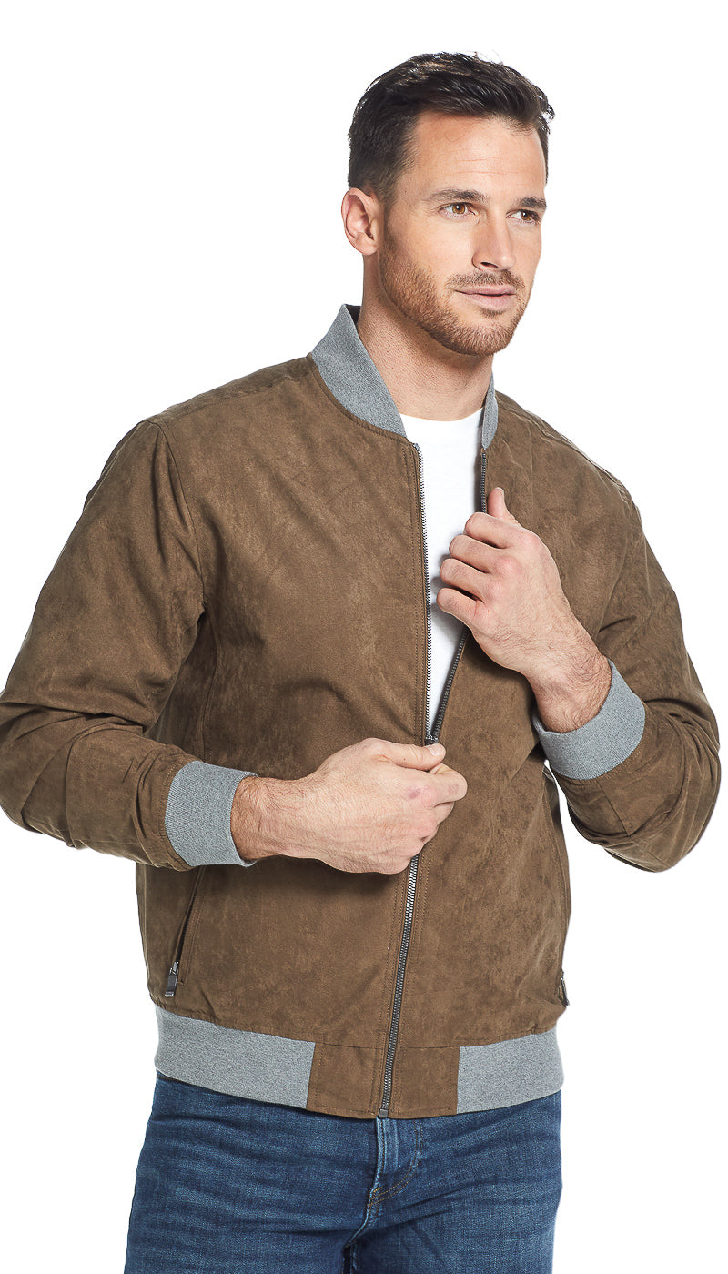 MICROSUEDE CONTRAST KNIT TRIM BOMBER
