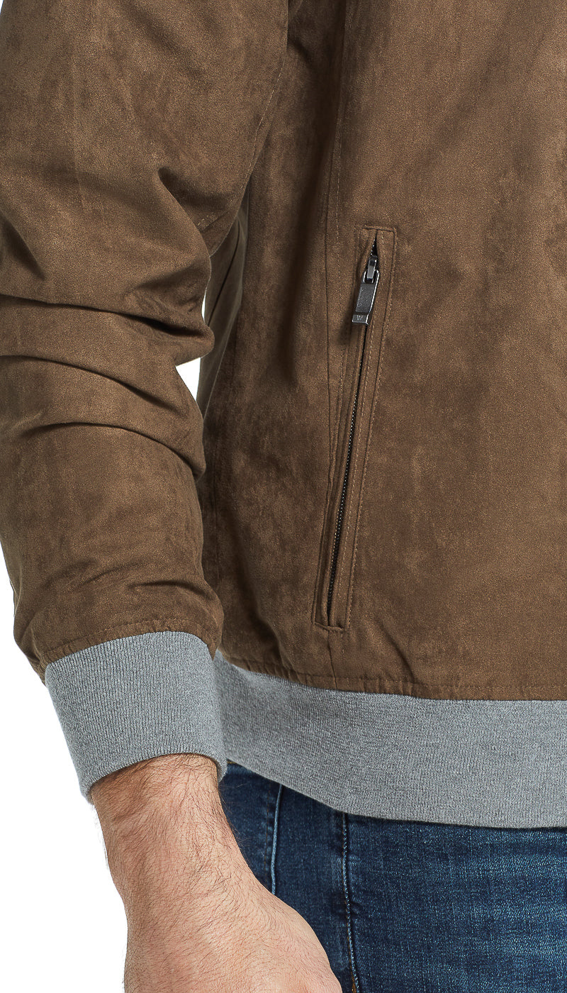 MICROSUEDE CONTRAST KNIT TRIM BOMBER