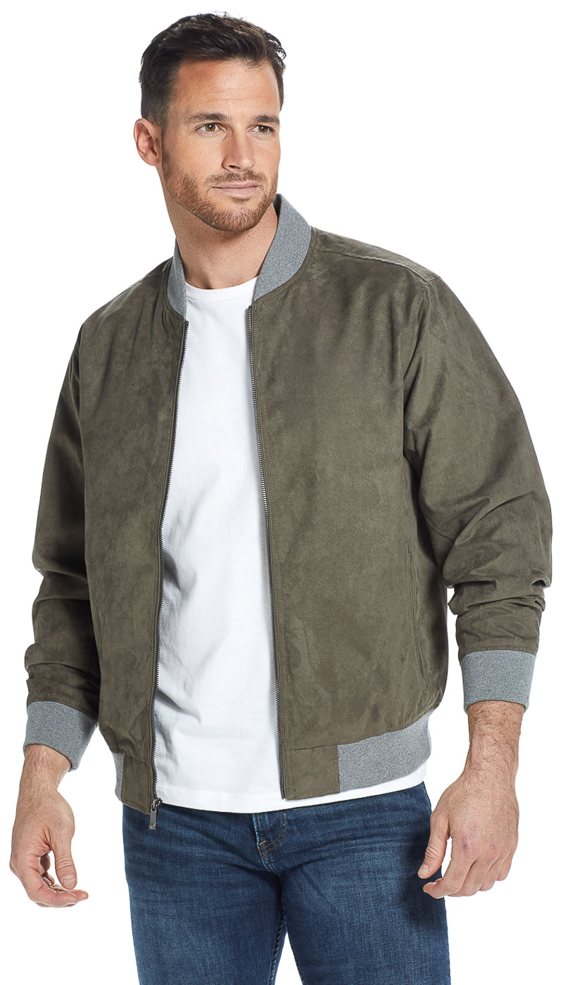 MICROSUEDE CONTRAST KNIT TRIM BOMBER