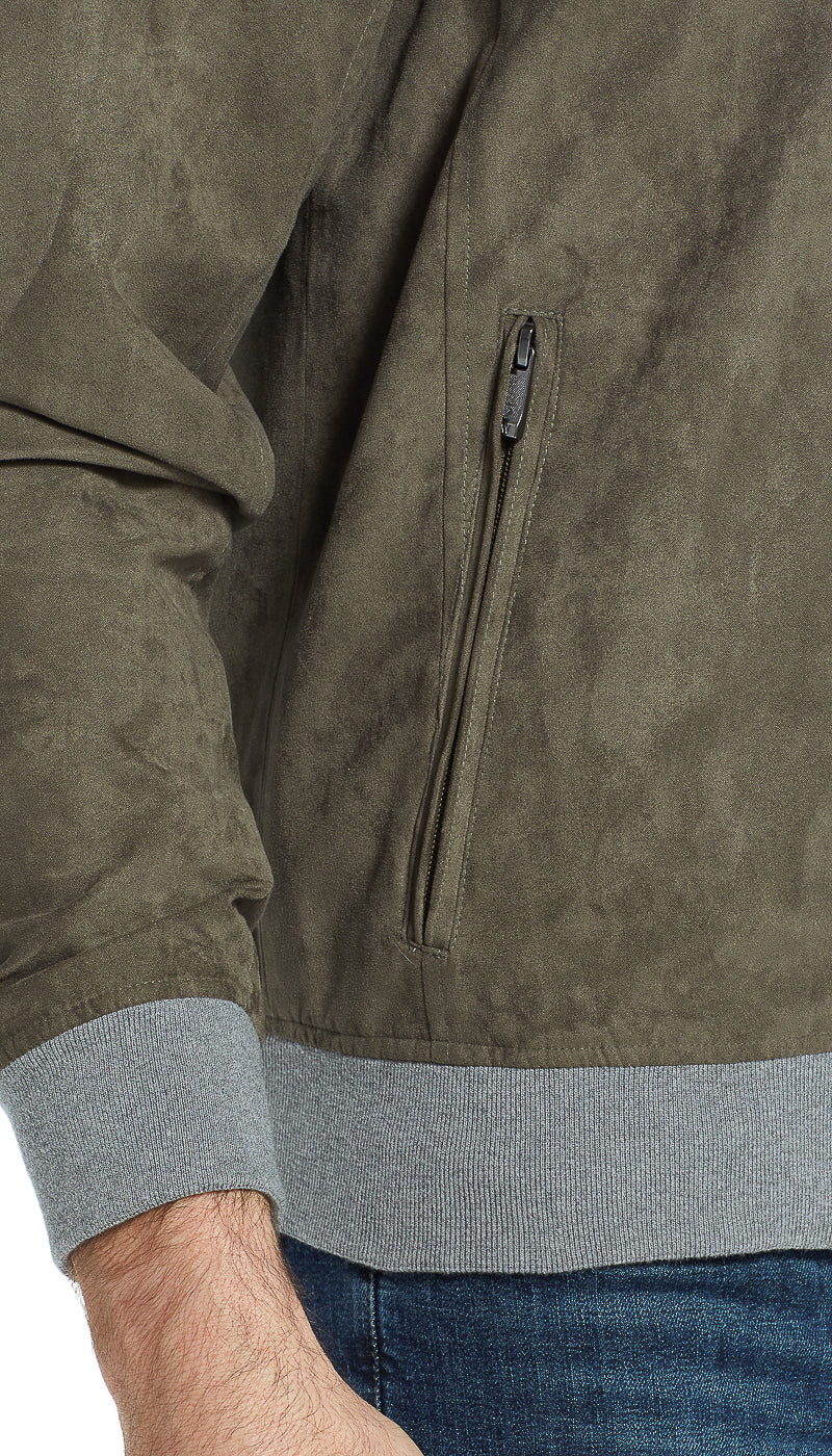 MICROSUEDE CONTRAST KNIT TRIM BOMBER