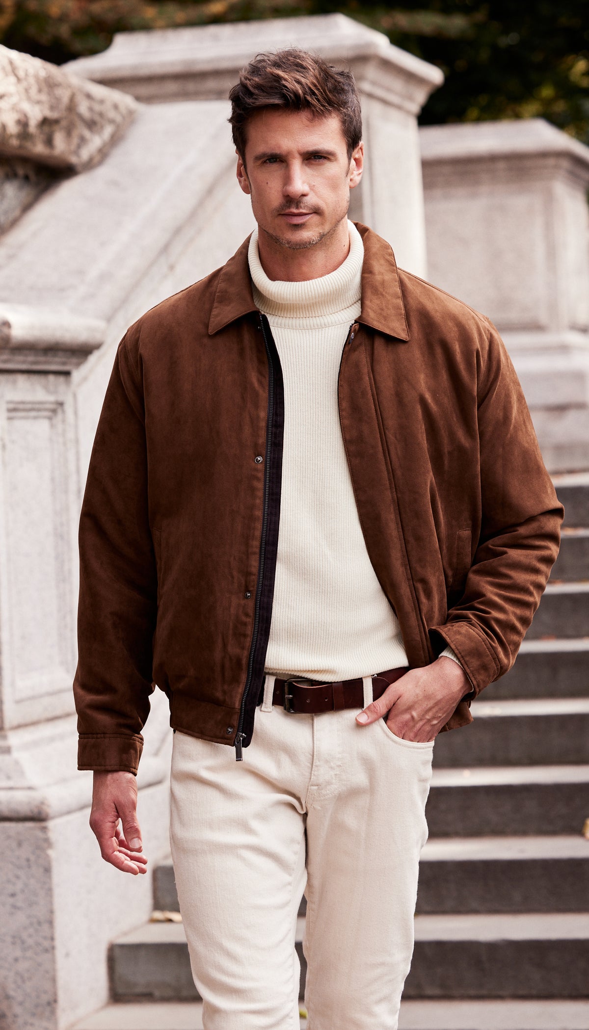 MICROSUEDE SHIRT COLLAR BOMBER JACKET