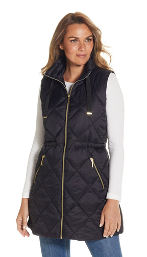 DIAMOND QUILTED PUFFER LONGLINE VEST WITH CINCHED WAIST