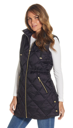 DIAMOND QUILTED PUFFER LONGLINE VEST WITH CINCHED WAIST