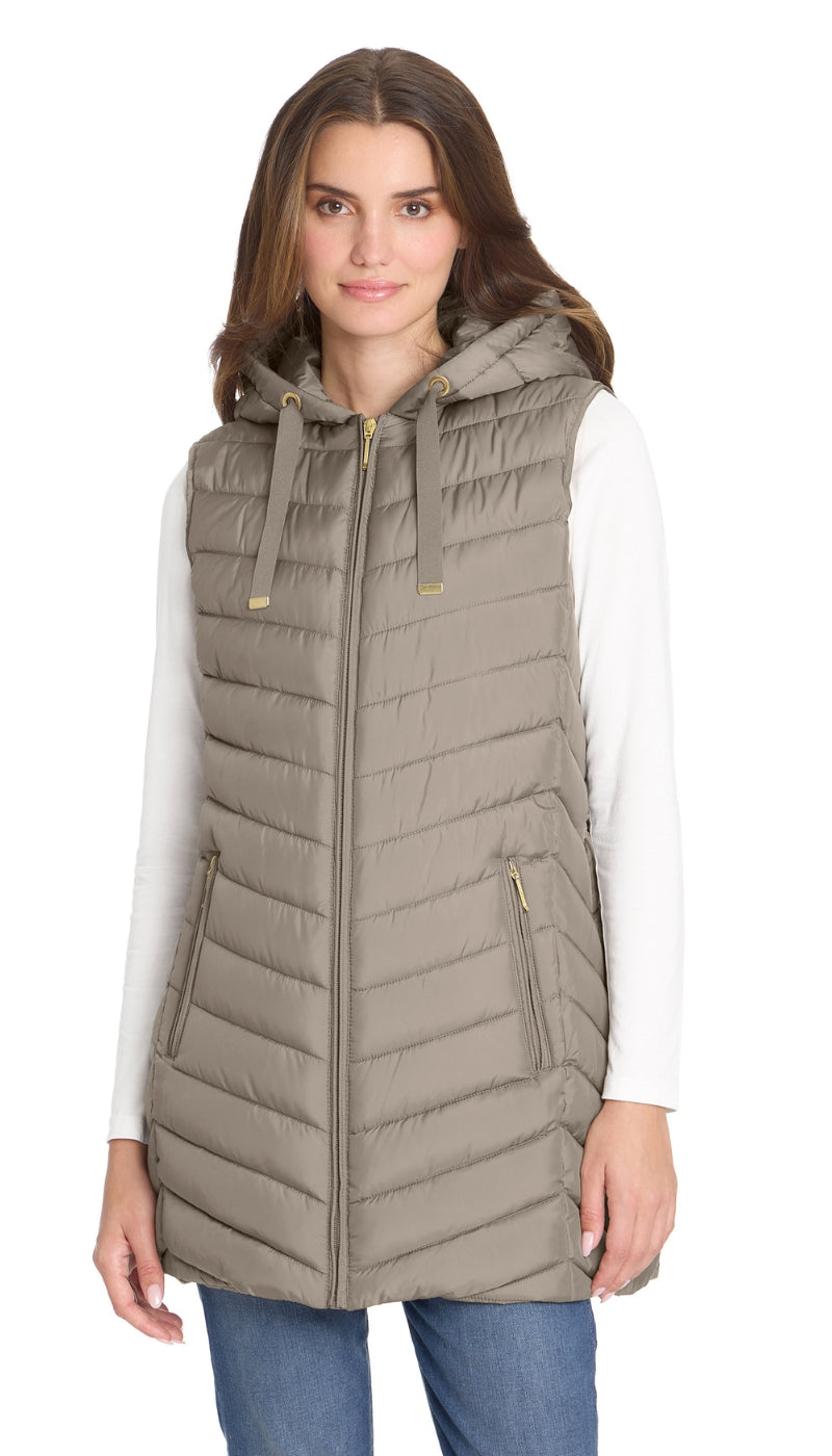 HOODED CHEVRON LONGLINE PUFFER VEST