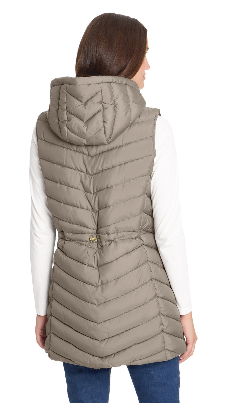 HOODED CHEVRON LONGLINE PUFFER VEST