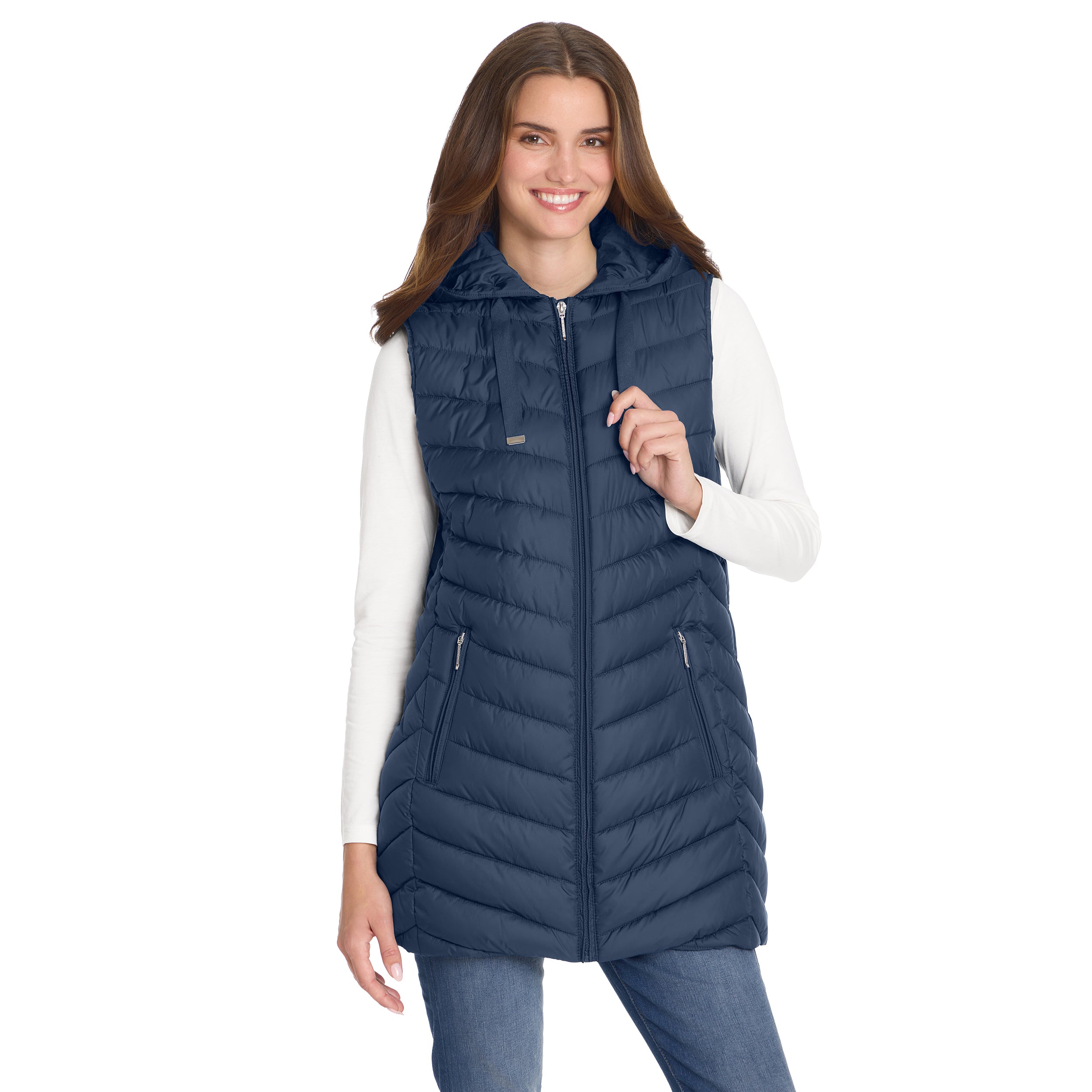 HOODED CHEVRON LONGLINE PUFFER VEST