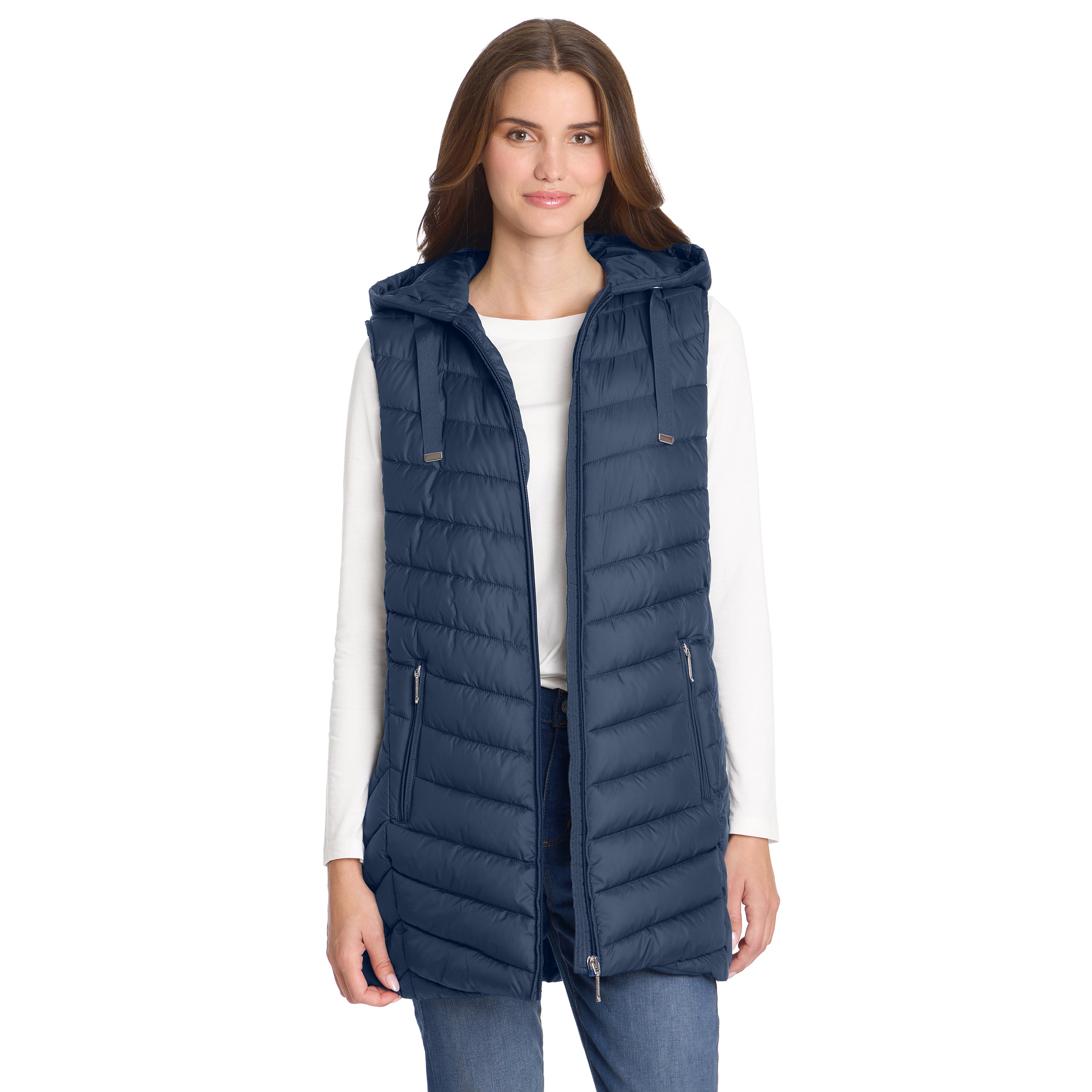 HOODED CHEVRON LONGLINE PUFFER VEST