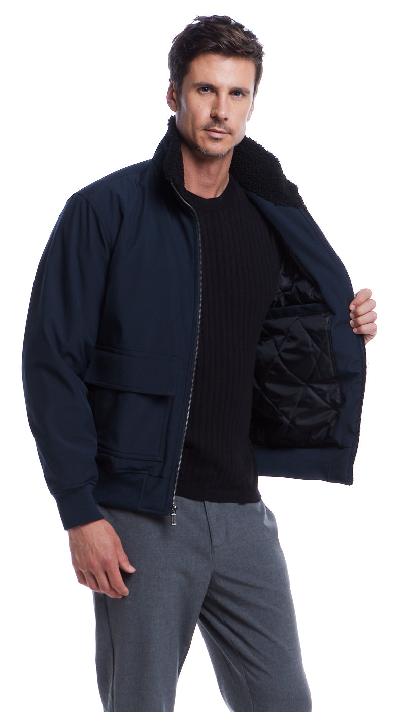 FLEX TECH BOMBER WITH FAUX FUR TRIM