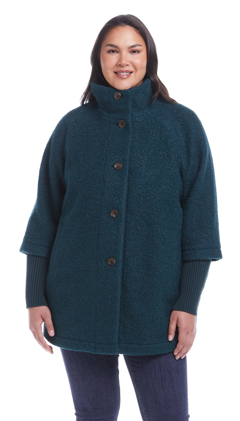 BUTTON FRONT BOUCLE TOPPER WITH KNIT SLEEVES