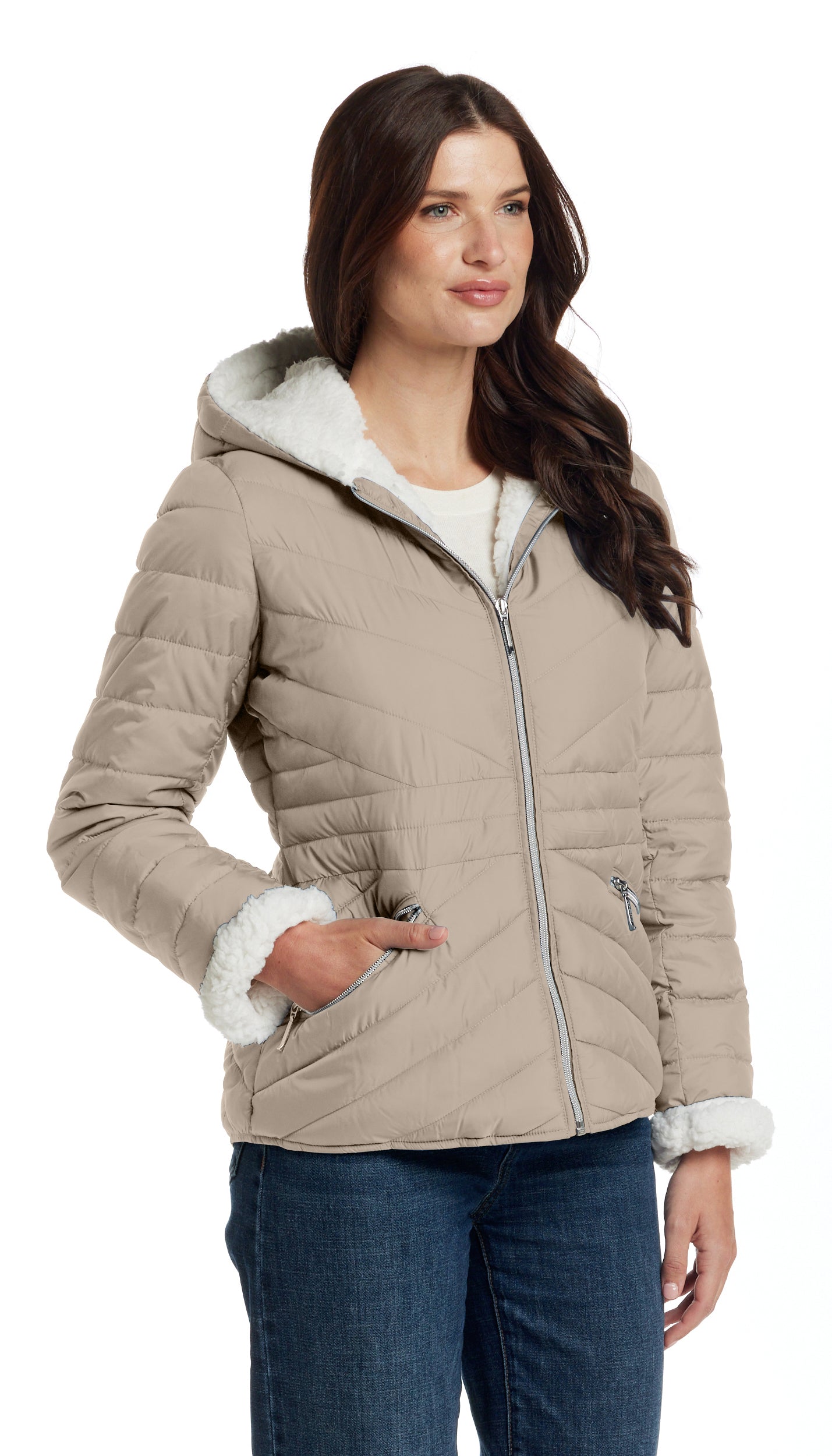 CHEVRON QUILTED PUFFER COAT WITH COZY FLEECE LINING
