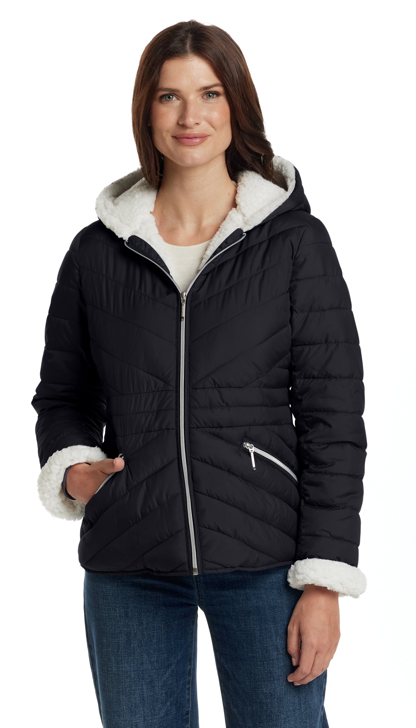 CHEVRON QUILTED PUFFER COAT WITH COZY FLEECE LINING