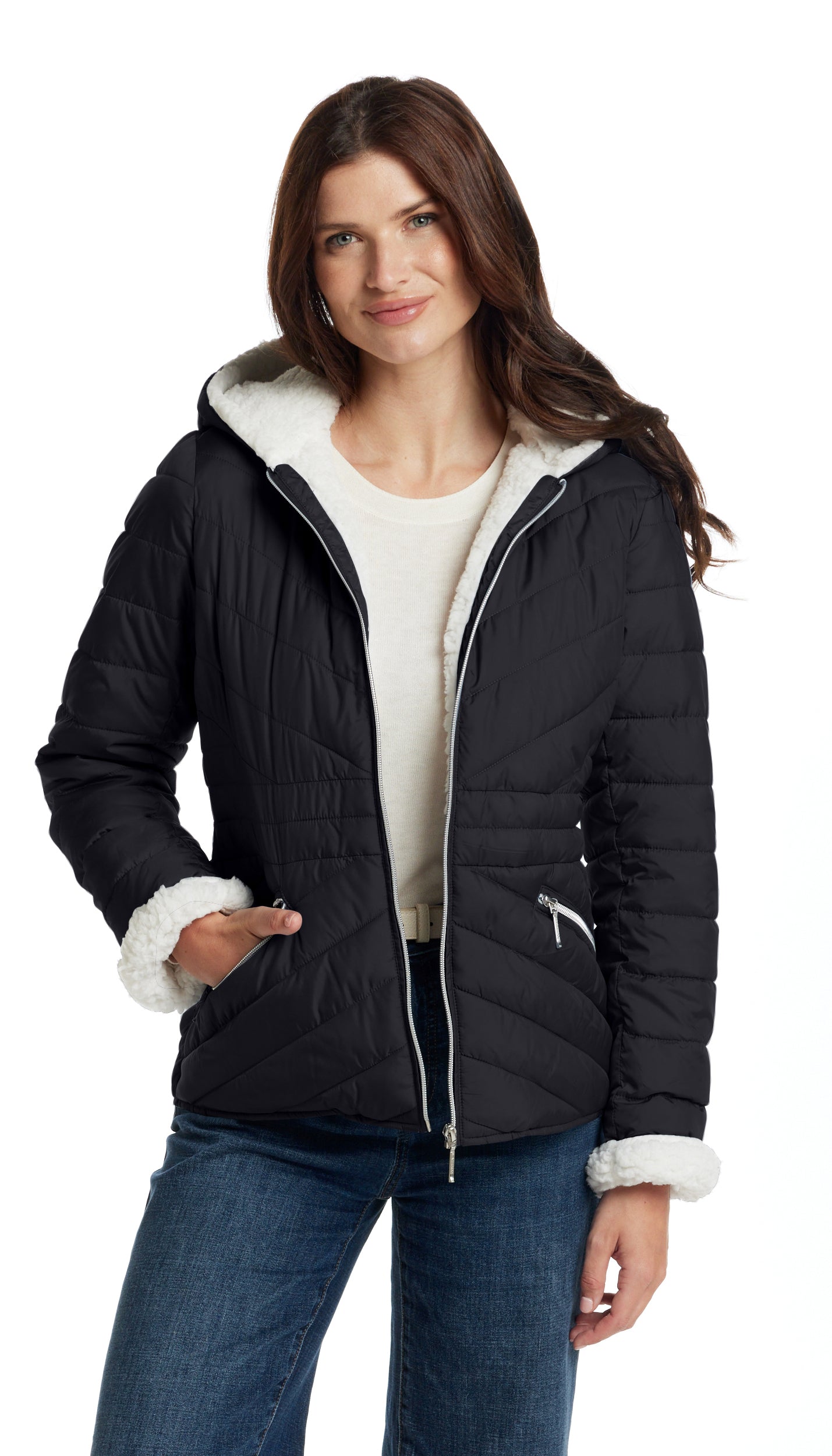 CHEVRON QUILTED PUFFER COAT WITH COZY FLEECE LINING