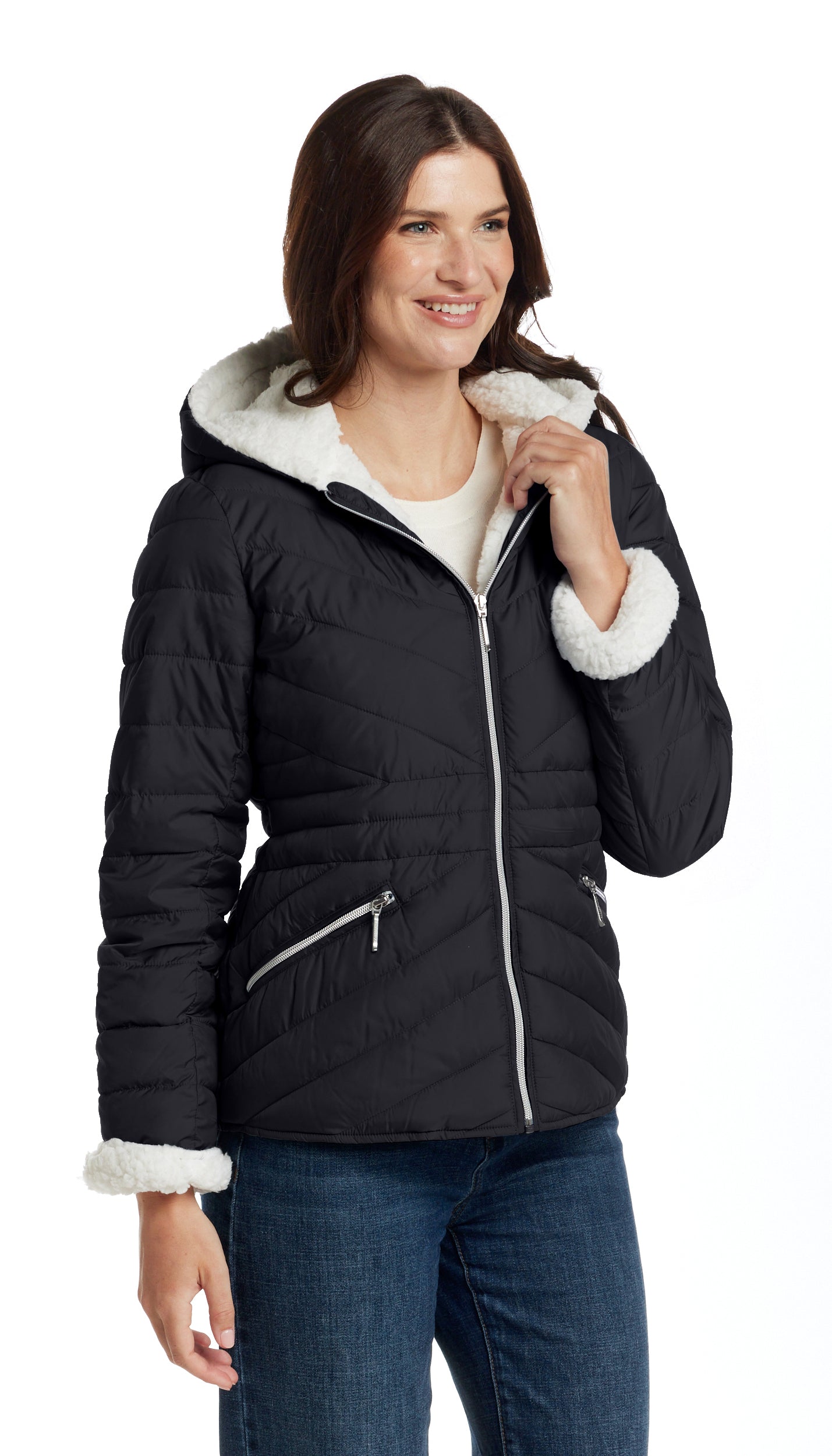 CHEVRON QUILTED PUFFER COAT WITH COZY FLEECE LINING