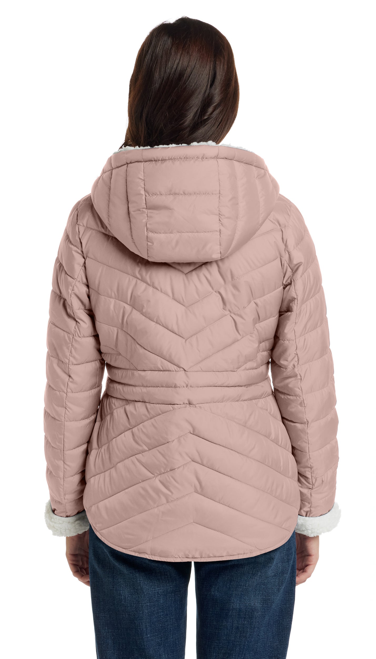 CHEVRON QUILTED PUFFER COAT WITH COZY FLEECE LINING