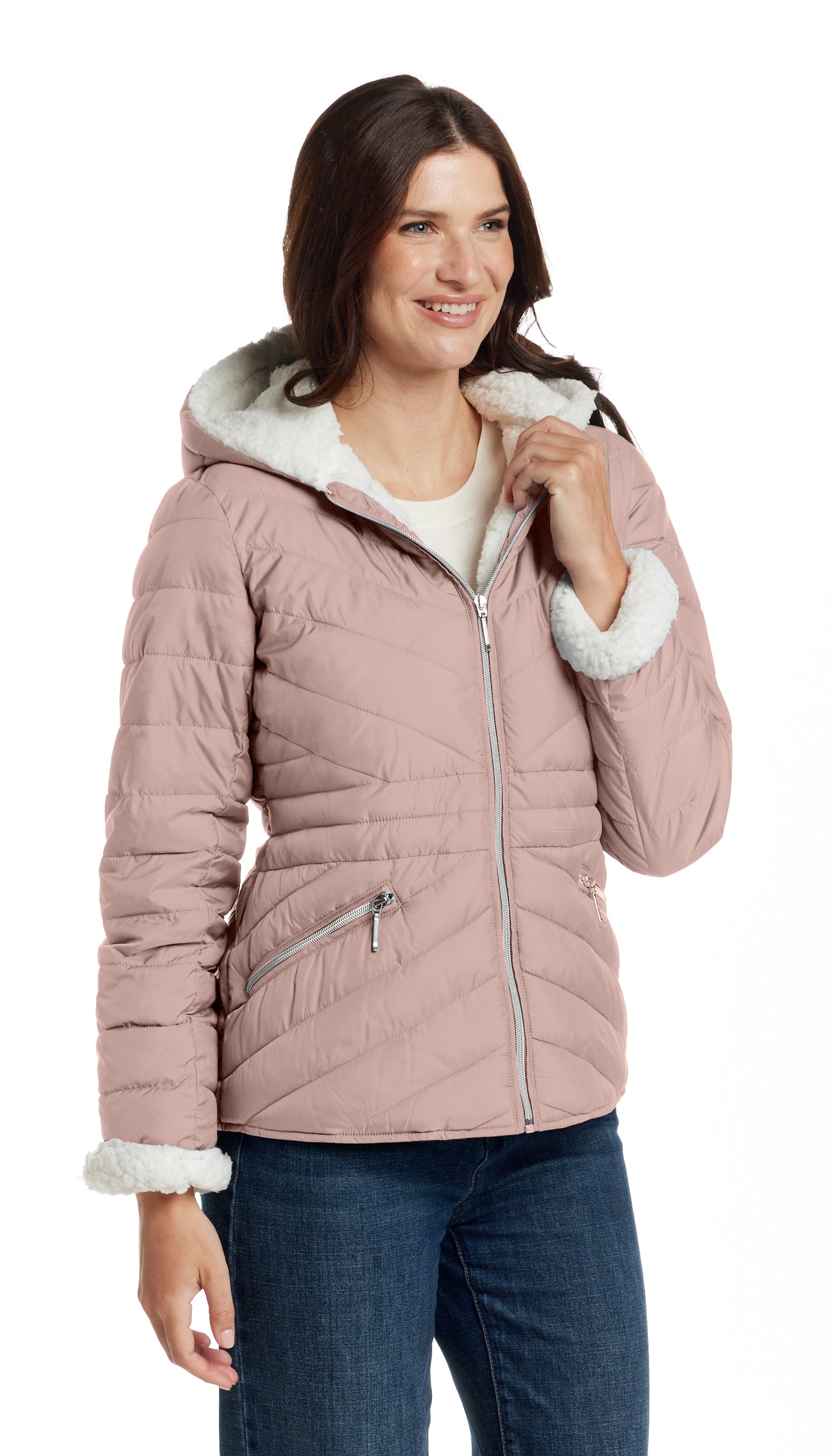 CHEVRON QUILTED PUFFER COAT WITH COZY FLEECE LINING