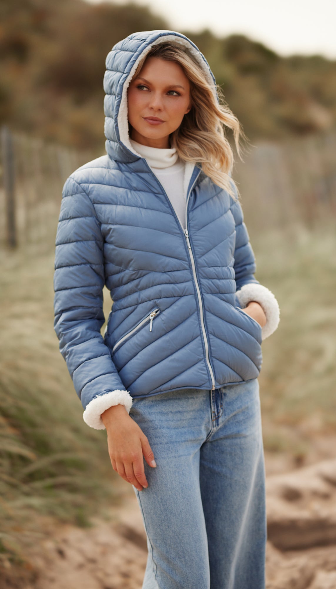 CHEVRON QUILTED PUFFER COAT WITH COZY FLEECE LINING
