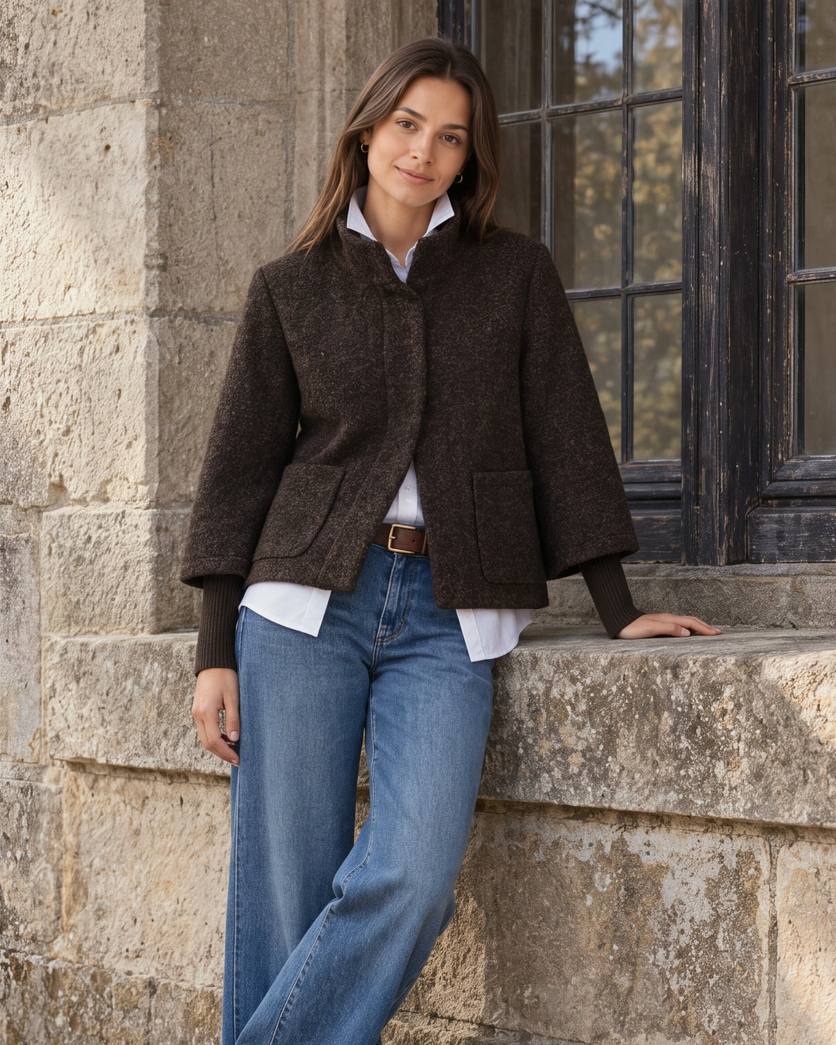 BOUCLE JACKET WITH KNIT SLEEVES