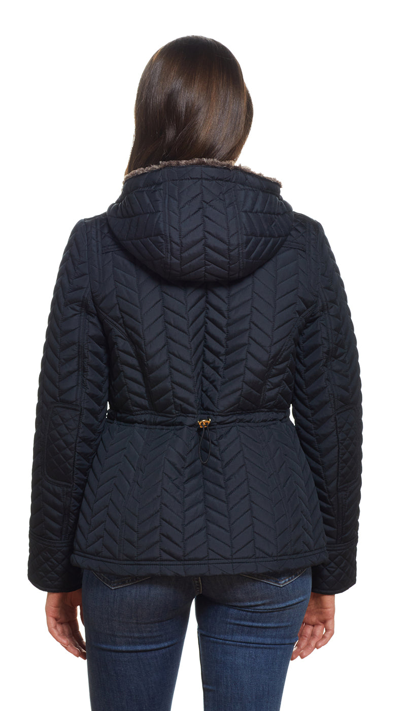 QUILTED HOODED ANORAK WITH FAUX FUR INNER TRIM