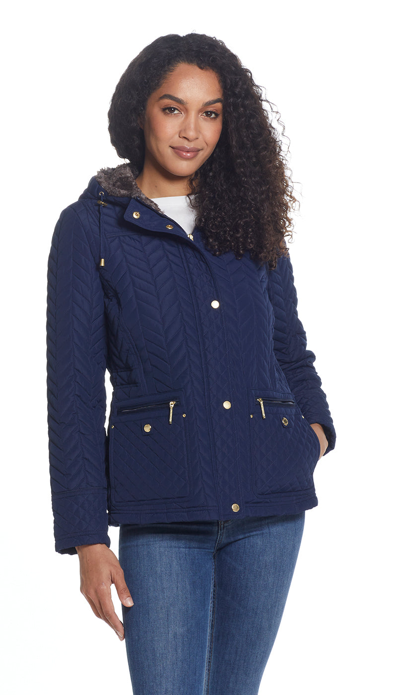 QUILTED HOODED ANORAK WITH FAUX FUR INNER TRIM
