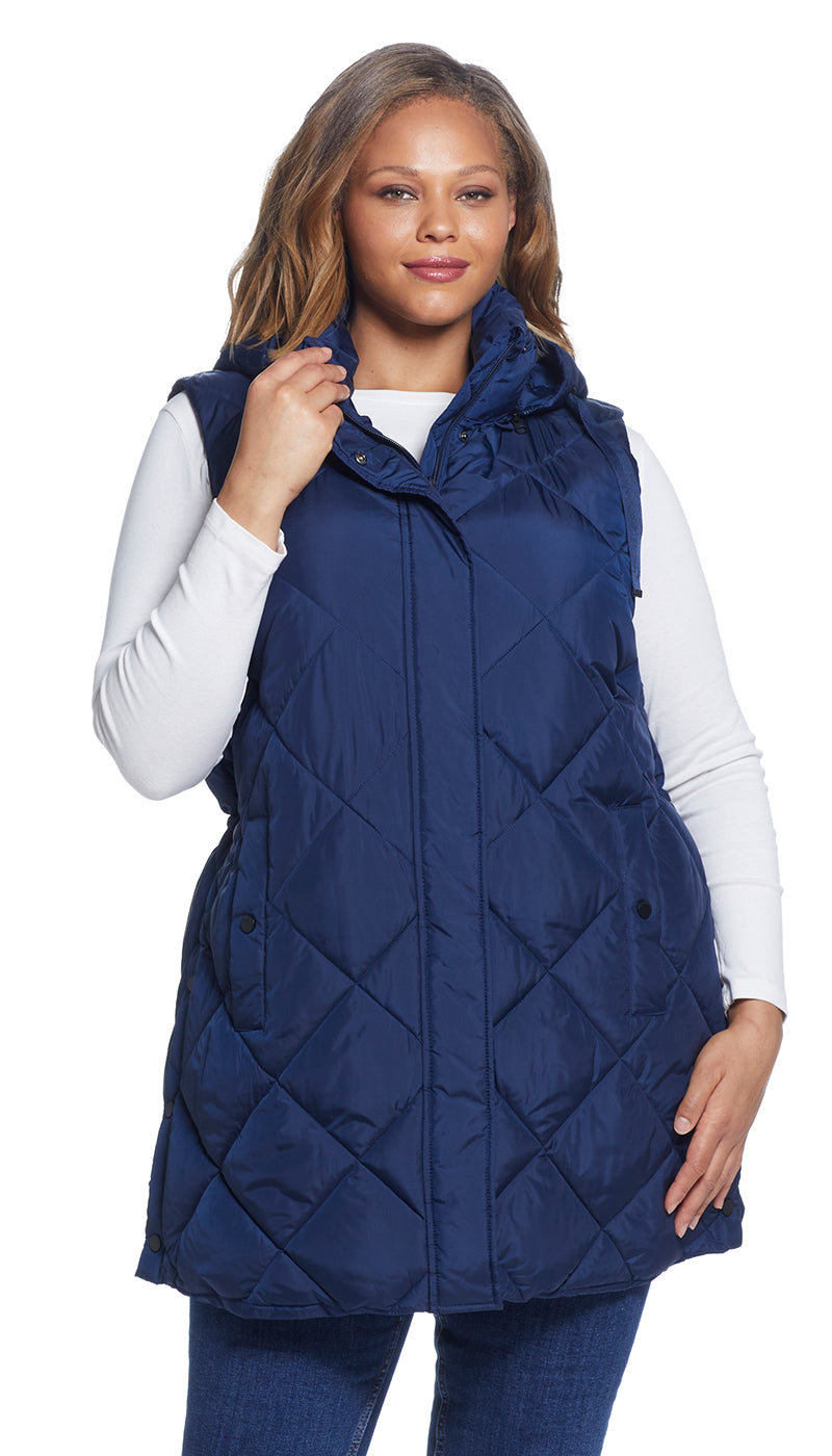 DIAMOND QUILTED LONGLINE HOODED VEST