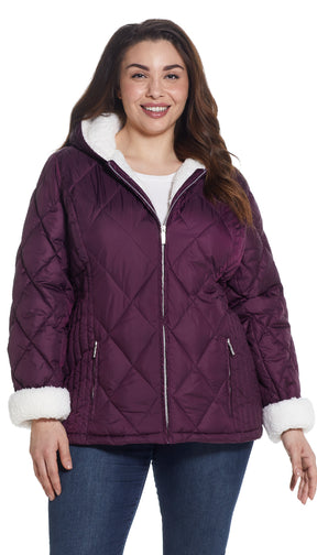 QUILTED PUFFER COAT WITH COZY SHERPA LINING