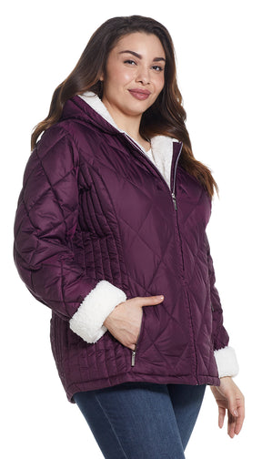 QUILTED PUFFER COAT WITH COZY SHERPA LINING