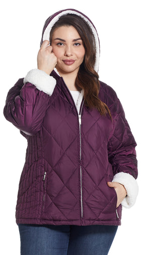 QUILTED PUFFER COAT WITH COZY SHERPA LINING