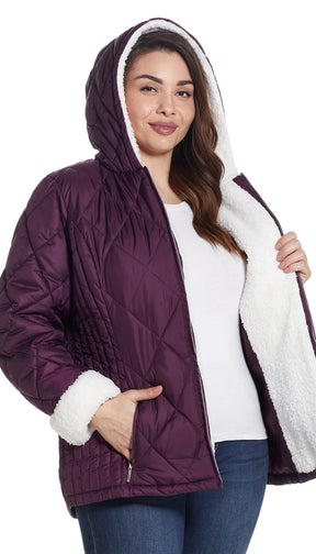 QUILTED PUFFER COAT WITH COZY SHERPA LINING