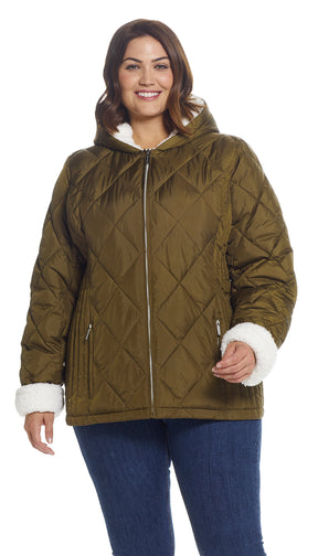 QUILTED PUFFER COAT WITH COZY SHERPA LINING