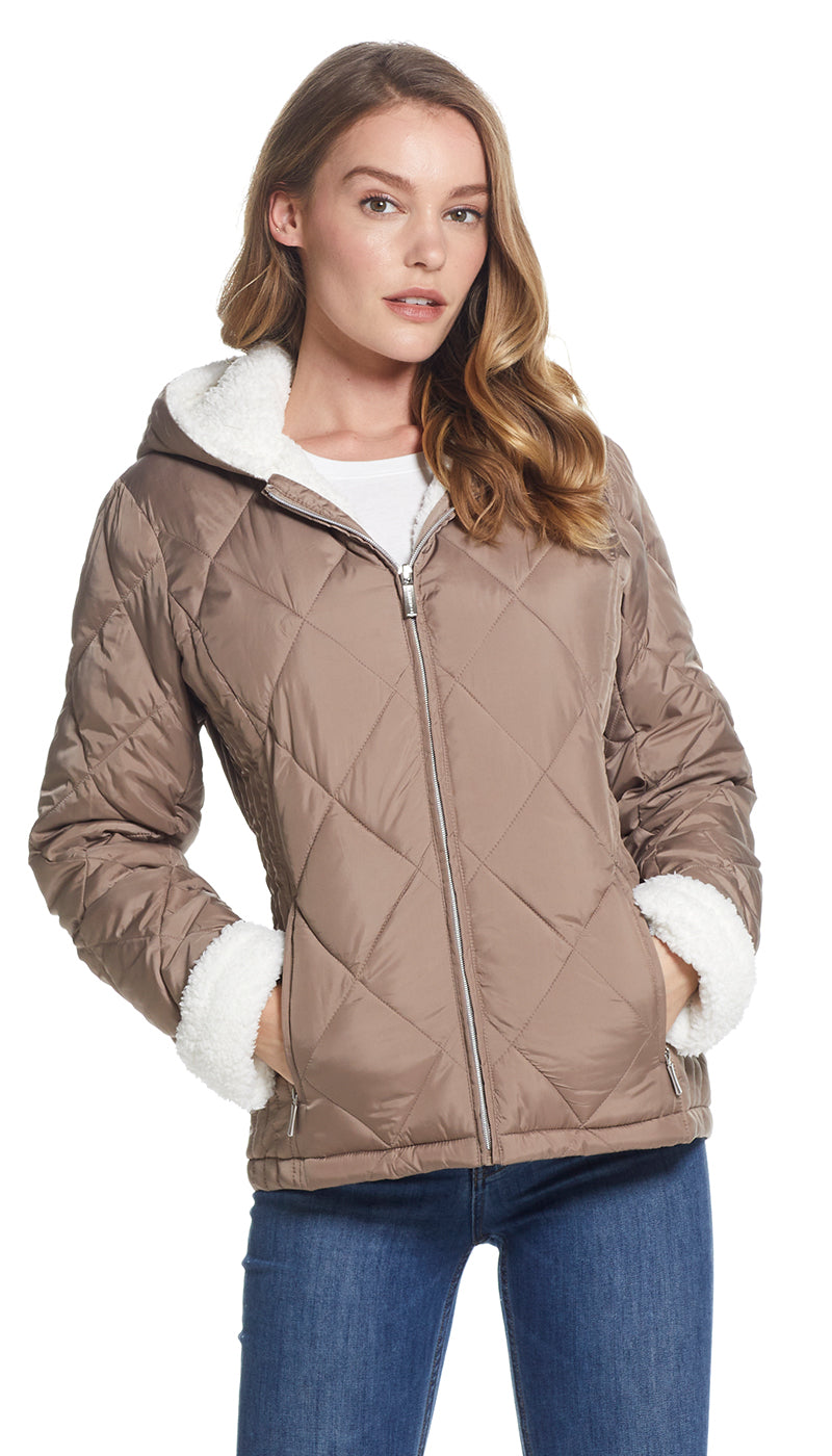 QUILTED PUFFER COAT WITH COZY SHERPA LINING