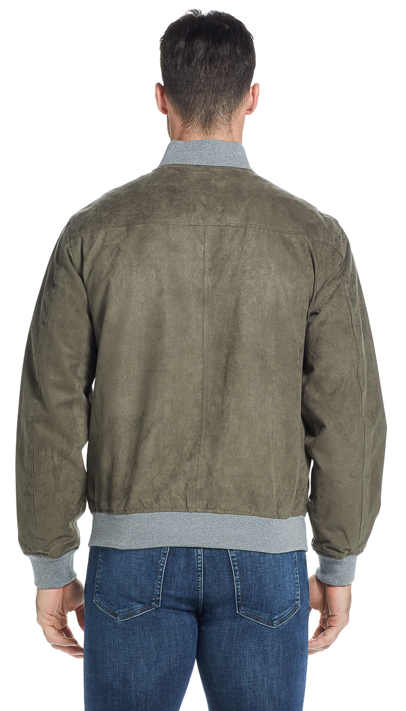 MICROSUEDE CONTRAST KNIT TRIM BOMBER