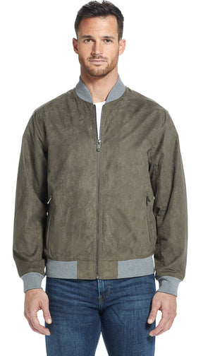MICROSUEDE CONTRAST KNIT TRIM BOMBER
