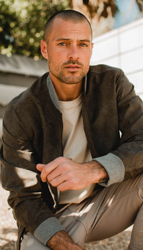 MICROSUEDE CONTRAST KNIT TRIM BOMBER